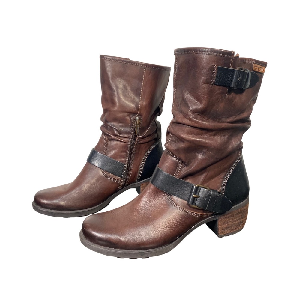 Pikolinos Leather Moto Boots Women 38 Brown Black Slouch Moto Grunge Edgy Boho
